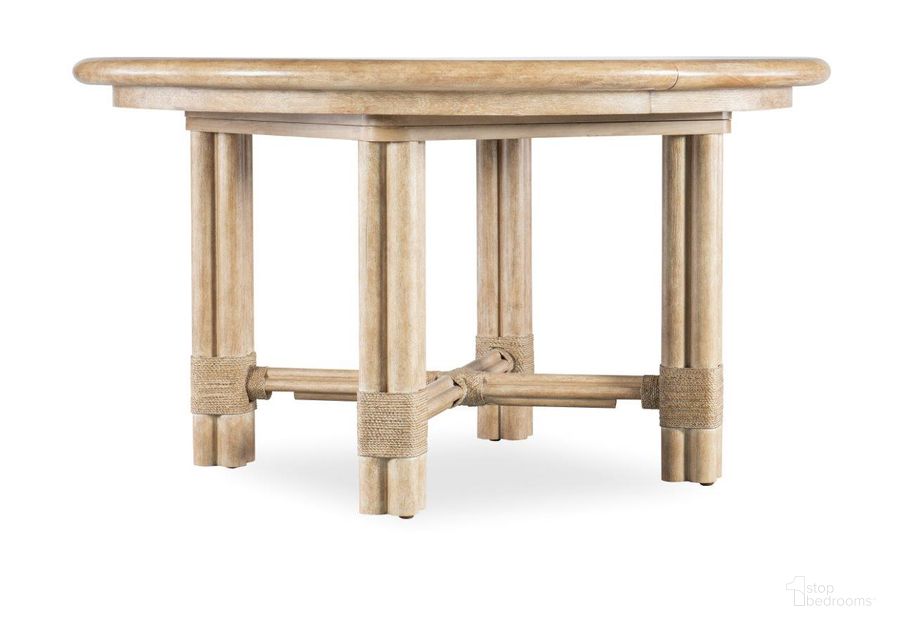 The appearance of Retreat Pole Rattan Round Dining Table with 1-20 Inch Leaf designed by Hooker in the transitional interior design. This natural piece of furniture  was selected by 1StopBedrooms from Retreat Collection to add a touch of cosiness and style into your home. Sku: 6950-75201-80. Table Base Style: Trestle. Table Top Shape: Round. Material: Wood. Product Type: Dining Table. Size: 54". Image1