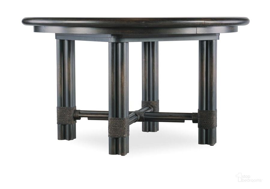 The appearance of Retreat Pole Rattan Round Dining Table with 1-20 Inch Leaf designed by Hooker in the transitional interior design. This black piece of furniture  was selected by 1StopBedrooms from Retreat Collection to add a touch of cosiness and style into your home. Sku: 6950-75201-99. Table Base Style: Trestle. Table Top Shape: Round. Material: Wood. Product Type: Dining Table. Size: 54". Image1
