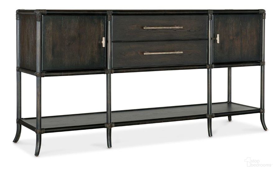 The appearance of Retreat Pole Rattan Sideboard designed by Hooker in the transitional interior design. This black piece of furniture  was selected by 1StopBedrooms from Retreat Collection to add a touch of cosiness and style into your home. Sku: 6950-75917-99. Product Type: Sideboard. Material: Wood Veneer. Image1