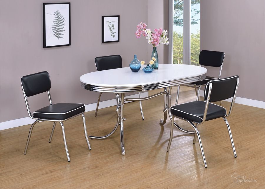The appearance of Retro White Oval Dining Room Set designed by Coaster in the transitional interior design. This silver piece of furniture  was selected by 1StopBedrooms from Retro Collection to add a touch of cosiness and style into your home. Sku: 2065;2066. Material: Metal. Product Type: Dining Room Set. Image1