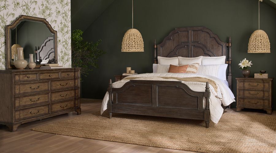 The appearance of Revival Row Panel Bedroom Set In Brown designed by Pulaski in the traditional interior design. This brown piece of furniture  was selected by 1StopBedrooms from Revival Collection to add a touch of cosiness and style into your home. Sku: P348150;P348151;P348152;P348140. Material: Wood. Product Type: Bedroom Set. Bed Size: Queen. Image1