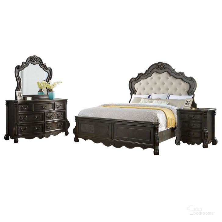 The appearance of Rhapsody King 4Pc Bedroom Set designed by Steve Silver in the  interior design. This brown and cream piece of furniture  was selected by 1StopBedrooms from Rhapsody Collection to add a touch of cosiness and style into your home. Sku: RH900KFB;RH900KHB;RH900SR;RH900DR;RH900MR;RH900NS. Bed Type: Panel Bed. Material: Wood. Product Type: Panel Bed. Bed Size: King. Image1