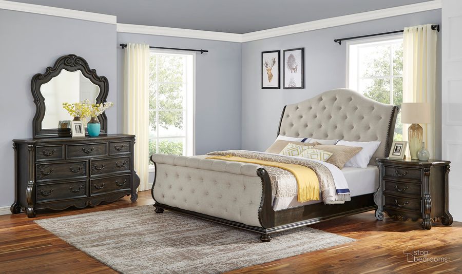 The appearance of Rhapsody King Sleigh 5Pc Bedroom Set designed by Steve Silver in the  interior design. This brown and cream piece of furniture  was selected by 1StopBedrooms from Rhapsody Collection to add a touch of cosiness and style into your home. Sku: RH900KSFB;RH900KSHB;RH900SSR;RH900DR;RH900MR;RH900NS;RH900NS. Bed Type: Sleigh Bed. Material: Wood. Product Type: Sleigh Bed. Bed Size: King. Image1