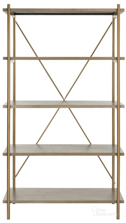 The appearance of Rigby Gold Liquid/Rustic Oak 5 Tier Etagere designed by Safavieh in the modern / contemporary interior design. This rustic oak piece of furniture  was selected by 1StopBedrooms from Rigby Collection to add a touch of cosiness and style into your home. Sku: ETG6206A. Material: Metal. Product Type: Etagere. Image1