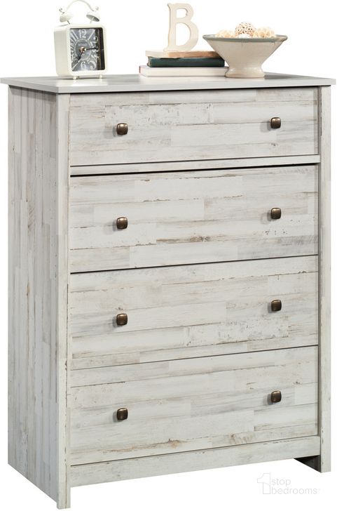 The appearance of River Ranch 4-Drawer Chest In White Plank designed by Sauder in the transitional interior design. This white plank piece of furniture  was selected by 1StopBedrooms from River Ranch Collection to add a touch of cosiness and style into your home. Sku: 430048. Product Type: Chest. Material: Engineered Wood. Image1