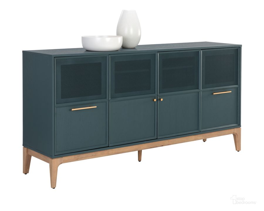 The appearance of Rivero Sideboard In Teal designed by Sunpan in the transitional interior design. This teal piece of furniture  was selected by 1StopBedrooms from Rivero Collection to add a touch of cosiness and style into your home. Sku: 110750. Material: Wood. Product Type: Sideboard. Image1