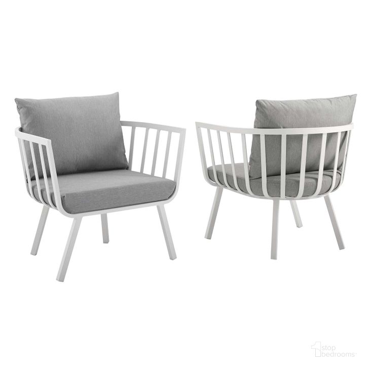 The appearance of Riverside White and Gray Outdoor Patio Aluminum Arm Chair Set of 2 designed by Modway in the modern / contemporary interior design. This white and gray piece of furniture  was selected by 1StopBedrooms from Riverside Collection to add a touch of cosiness and style into your home. Sku: EEI-3960-WHI-GRY. Product Type: Outdoor Dining Chair. Material: Foam. Image1