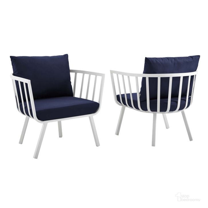 The appearance of Riverside White Navy Outdoor Patio Aluminum Arm Chair Set of 2 designed by Modway in the modern / contemporary interior design. This white navy piece of furniture  was selected by 1StopBedrooms from Riverside Collection to add a touch of cosiness and style into your home. Sku: EEI-3960-WHI-NAV. Product Type: Outdoor Dining Chair. Material: Foam. Image1