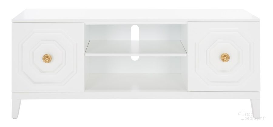 The appearance of Riya 2 Door 1 Shelf Media Stand in White designed by Safavieh in the modern / contemporary interior design. This white piece of furniture  was selected by 1StopBedrooms from Riya Collection to add a touch of cosiness and style into your home. Sku: MED5006A. Material: Wood. Product Type: Media Unit. Image1