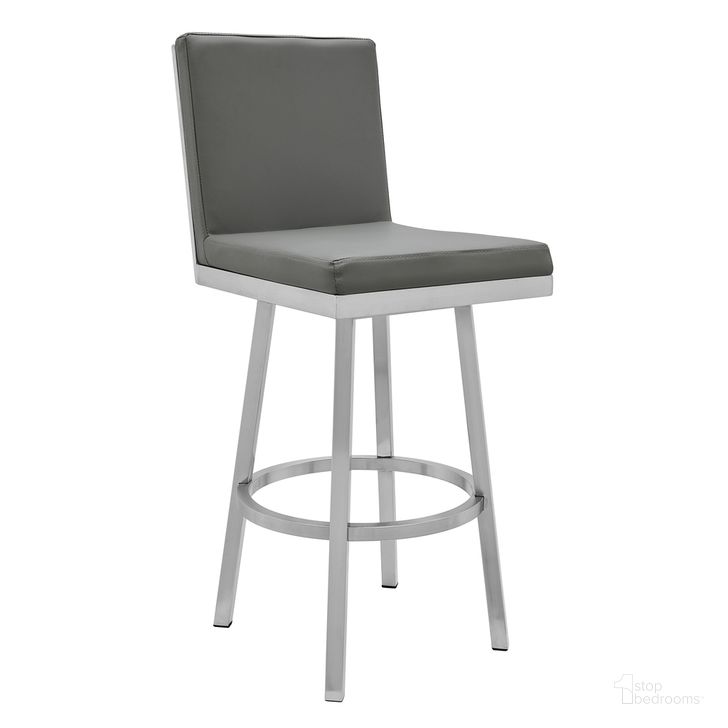 The appearance of Rochester 30 Inch Swivel Modern Brushed Stainless Steel and Gray Faux Leather Barstool designed by Armen Living in the modern / contemporary interior design. This gray piece of furniture  was selected by 1StopBedrooms from Rochester Collection to add a touch of cosiness and style into your home. Sku: 721535752157. Product Type: Barstool. Material: Stainless Steel. Image1