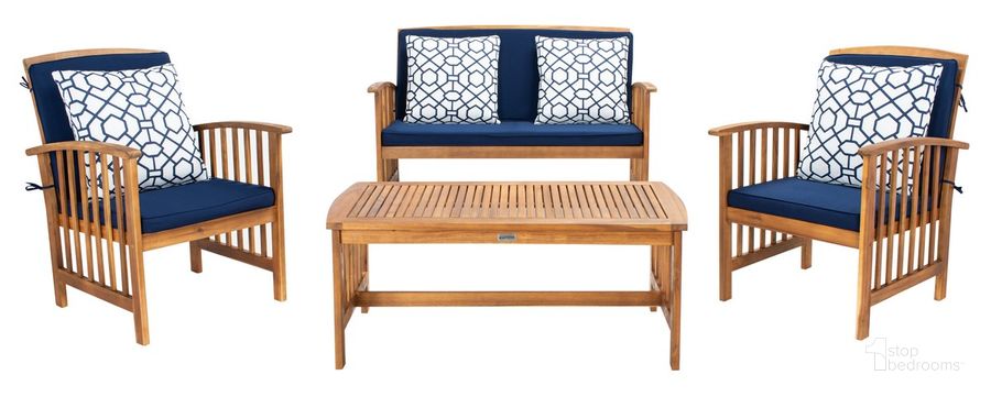 The appearance of Rocklin 4 Pc Outdoor Set in Navy and Blue designed by Safavieh in the modern / contemporary interior design. This navy and blue piece of furniture  was selected by 1StopBedrooms from Rocklin Collection to add a touch of cosiness and style into your home. Sku: PAT7007J. Material: Wood. Product Type: Outdoor Set. Image1