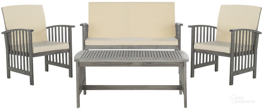The appearance of Rocklin Gray Wash and Beige 4-Piece Outdoor Set designed by Safavieh in the modern / contemporary interior design. This beige and grey piece of furniture  was selected by 1StopBedrooms from Rocklin Collection to add a touch of cosiness and style into your home. Sku: PAT7007B. Material: Steel. Product Type: Outdoor Conversation Set. Image1