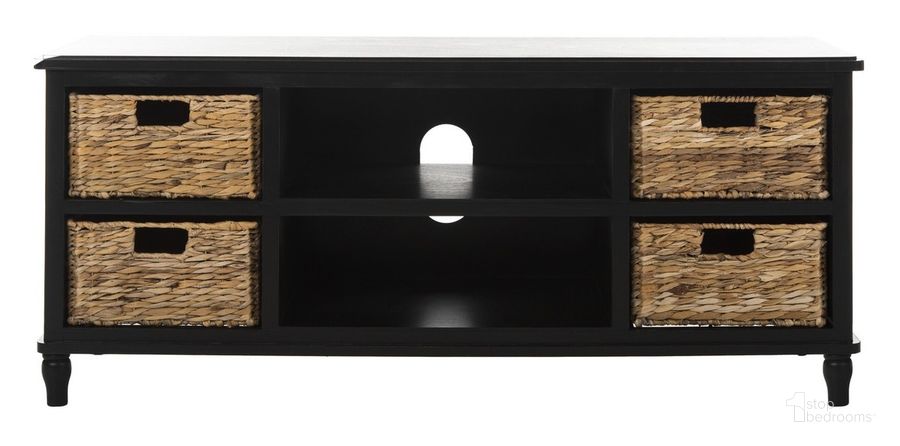 The appearance of Rooney Distressed Black Entertainment Unit designed by Safavieh in the country / farmhouse interior design. This distressed black piece of furniture  was selected by 1StopBedrooms from Rooney Collection to add a touch of cosiness and style into your home. Sku: AMH5745A. Material: Wood. Product Type: Console. Image1
