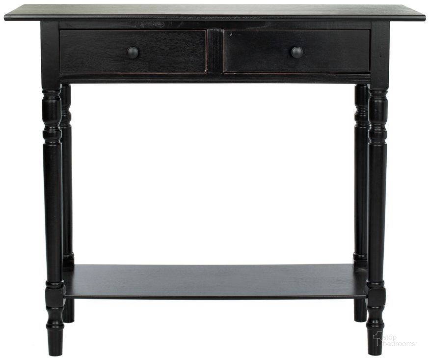 The appearance of Rosemary Distressed Black 2-Drawer Console designed by Safavieh in the transitional interior design. This distressed black piece of furniture  was selected by 1StopBedrooms from Rosemary Collection to add a touch of cosiness and style into your home. Sku: AMH5705B. Material: Aluminum. Product Type: Console. Image1