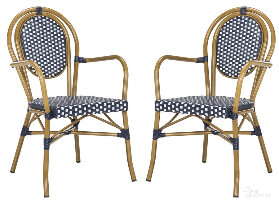 The appearance of Rosen Navy and White French Bistro Stacking Arm Chair Set of 2 designed by Safavieh in the modern / contemporary interior design. This white navy piece of furniture  was selected by 1StopBedrooms from Rosen Collection to add a touch of cosiness and style into your home. Sku: PAT4014A-SET2. Product Type: Arm Chair. Material: Aluminium. Image1