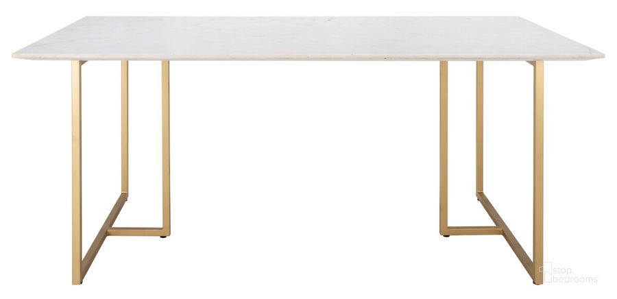 The appearance of Rosie Marble Top Dining Table In White and Gold designed by Safavieh Couture in the transitional interior design. This white and gold piece of furniture  was selected by 1StopBedrooms from Rosie Collection to add a touch of cosiness and style into your home. Sku: SFV5721A-2BX. Table Base Style: Double Pedestal. Product Type: Dining Table. Table Top Shape: Rectangular. Material: Iron. Size: 69". Image1