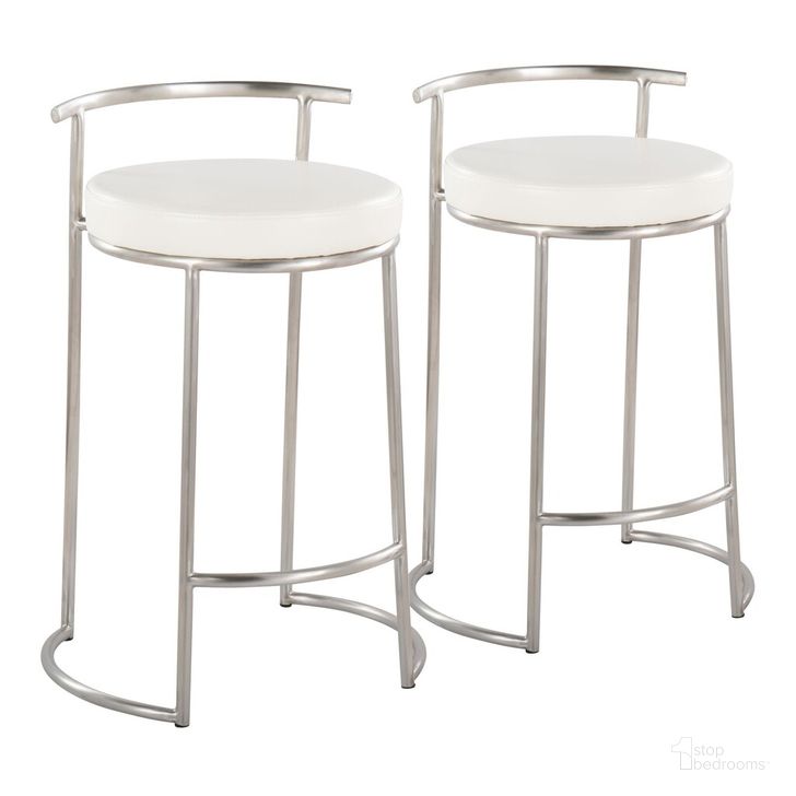 The appearance of Round Fuji 26 Inch Fixed Height Counter Stool Set of 2 In Steel designed by Lumisource in the modern / contemporary interior design. This steel piece of furniture  was selected by 1StopBedrooms from Fuji Collection to add a touch of cosiness and style into your home. Sku: B26-RNDFUJIPU1 SSW2. Material: Leather. Product Type: Barstool. Image1