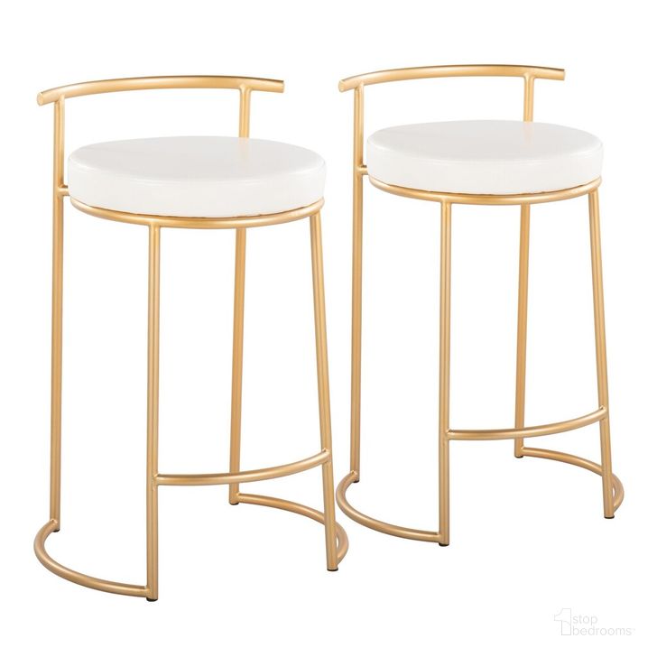 The appearance of Round Fuji 26 Inch Fixed Height Counter Stool Set of 2 In White and Gold designed by Lumisource in the modern / contemporary interior design. This white and gold piece of furniture  was selected by 1StopBedrooms from Fuji Collection to add a touch of cosiness and style into your home. Sku: B26-RNDFUJIPU1 AUW2. Material: Leather. Product Type: Barstool. Image1