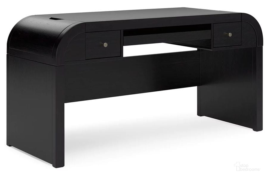 The appearance of Rowanbeck 60 Inch Home Office Desk In Black designed by Signature Design by Ashley in the modern / contemporary interior design. This black piece of furniture  was selected by 1StopBedrooms from Rowanbeck Collection to add a touch of cosiness and style into your home. Sku: H821-44. Material: Wood. Product Type: Home Office Desk. Image1