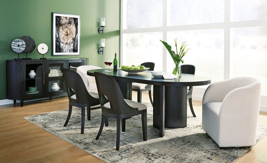 The appearance of Rowanbeck Black Oval Dining Room Set designed by Signature Design by Ashley in the modern / contemporary interior design. This black piece of furniture  was selected by 1StopBedrooms from Rowanbeck Collection to add a touch of cosiness and style into your home. Sku: D821-25;D821-01. Material: Wood. Product Type: Dining Room Set. Size: 86". Image1