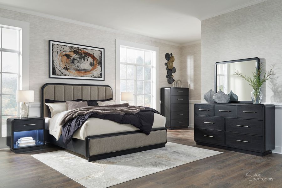 The appearance of Rowanbeck Panel Bedroom Set In Black and Gray designed by Signature Design by Ashley in the modern / contemporary interior design. This black and gray piece of furniture  was selected by 1StopBedrooms from Rowanbeck Collection to add a touch of cosiness and style into your home. Sku: B821-56;B821-58;B821-91. Material: Wood. Product Type: Bedroom Set. Bed Size: King. Image1