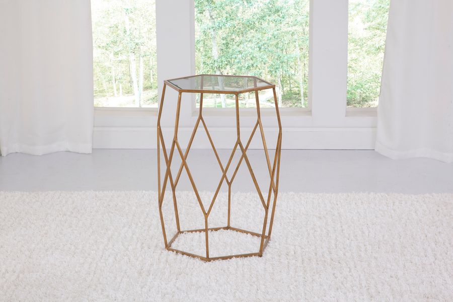 The appearance of Roxy Hexagonal Chairside End Table designed by Steve Silver in the transitional interior design. This gold piece of furniture  was selected by 1StopBedrooms from Roxy Collection to add a touch of cosiness and style into your home. Sku: RX100ECT;RX100ECB. Product Type: End Table. Material: Iron. Image1