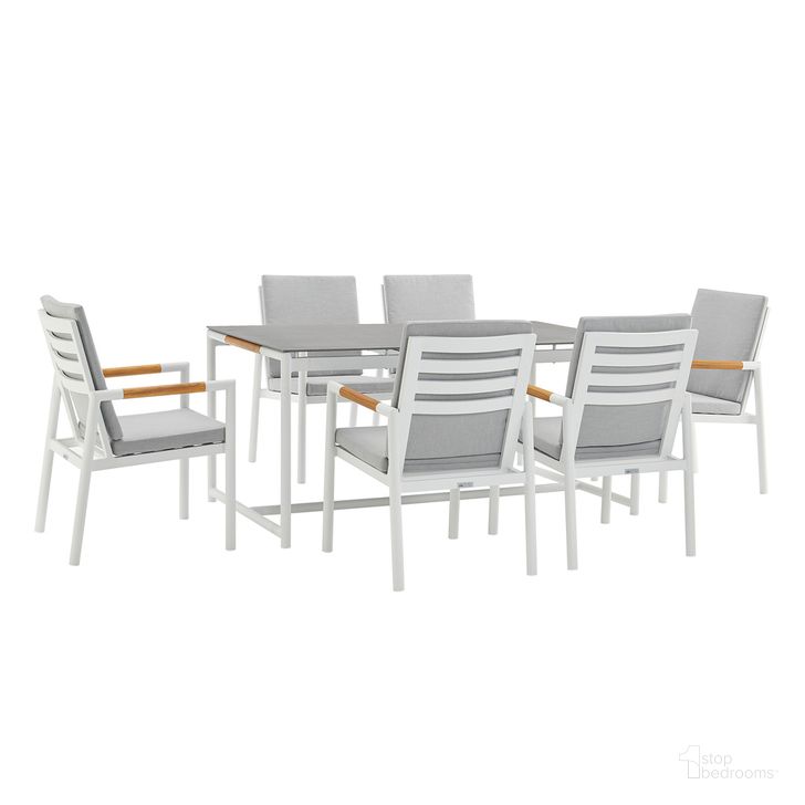 The appearance of Royal 7-Piece White Aluminum and Teak Outdoor Dining Set with Light Gray Fabric designed by Armen Living in the modern / contemporary interior design. This light gray piece of furniture  was selected by 1StopBedrooms from Royal Collection to add a touch of cosiness and style into your home. Sku: 795154121885;795154121861;795154121861;795154121861. Table Base Style: Trestle. Material: Aluminum. Product Type: Outdoor Dining Set. Image1