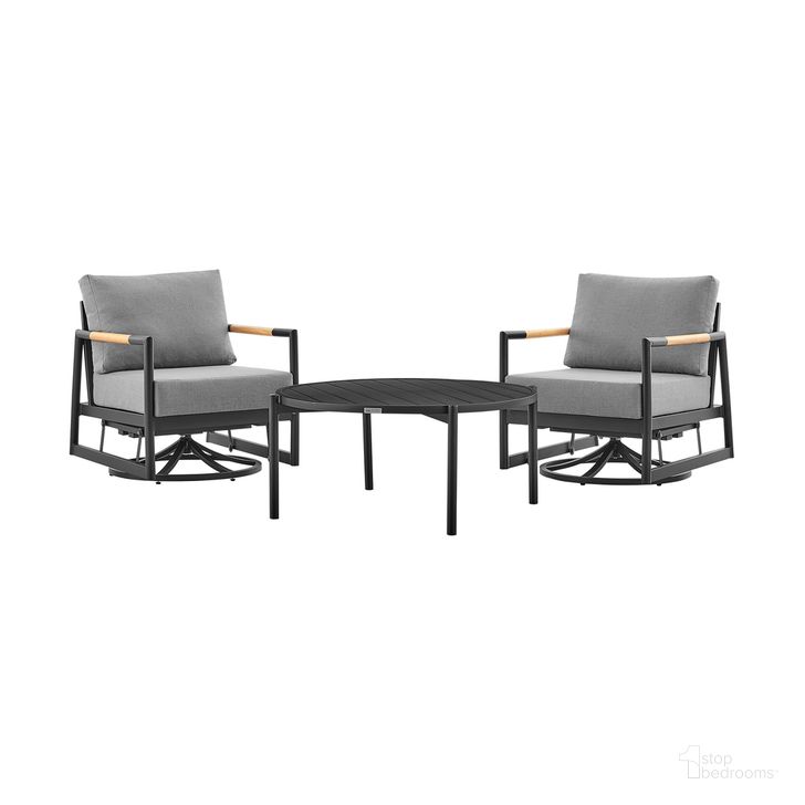 The appearance of Royal and Tiffany 3-Piece Outdoor Patio Swivel Seating Set In Black Aluminum with Teak Wood and Gray Cushions designed by Armen Living in the modern / contemporary interior design. This dark gray piece of furniture  was selected by 1StopBedrooms from Royal and Tiffany Collection to add a touch of cosiness and style into your home. Sku: 840254332577;840254332539;840254332539. Material: Aluminum. Product Type: Outdoor Conversation Set. Image1