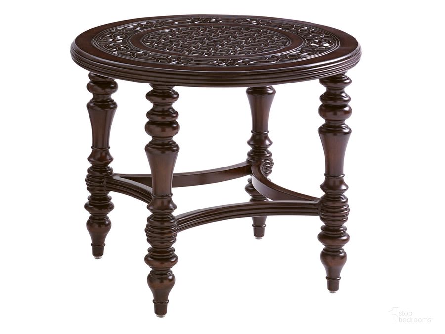 The appearance of Royal Kahala Black Sands Round End Table designed by Tommy Bahama in the traditional interior design. This dark brown piece of furniture  was selected by 1StopBedrooms from Royal Kahala Black Sands Collection to add a touch of cosiness and style into your home. Sku: 01-3235-950. Product Type: Outdoor Table. Image1