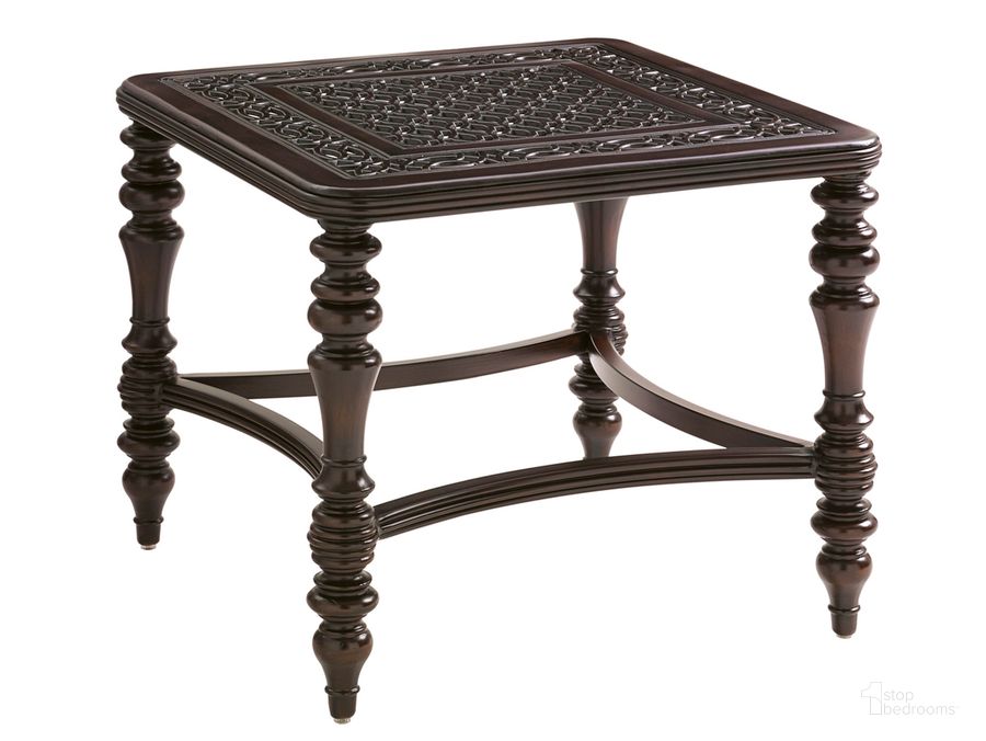 The appearance of Royal Kahala Black Sands Square End Table designed by Tommy Bahama in the traditional interior design. This dark brown piece of furniture  was selected by 1StopBedrooms from Royal Kahala Black Sands Collection to add a touch of cosiness and style into your home. Sku: 01-3235-953. Product Type: Outdoor Table. Image1