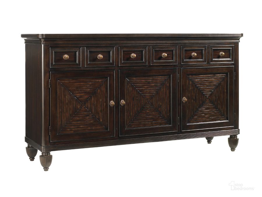 The appearance of Royal Kahala Dark Kona Palm Shores Buffet designed by Tommy Bahama in the traditional interior design. This brown piece of furniture  was selected by 1StopBedrooms from Royal Kahala Collection to add a touch of cosiness and style into your home. Sku: 01-0537-852. Material: Wood. Product Type: Buffets, Sideboards and Server. Image1