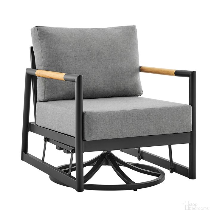 The appearance of Royal Outdoor Patio Swivel Glider Lounge Chair In Black Aluminum and Teak Wood with Cushions designed by Armen Living in the modern / contemporary interior design. This dark gray piece of furniture  was selected by 1StopBedrooms from Royal Collection to add a touch of cosiness and style into your home. Sku: 840254332539. Material: Aluminum. Product Type: Outdoor Chair. Image1