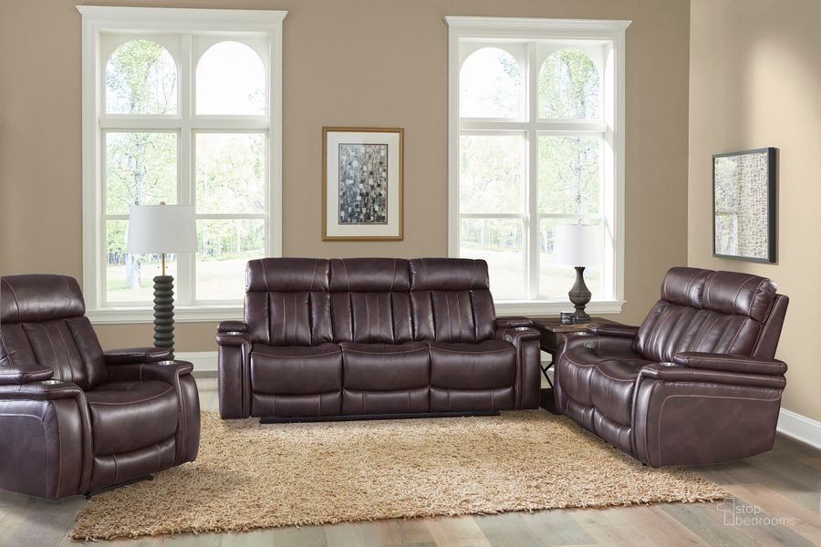 The appearance of Royce Fantom Brown Power Reclining Living Room Set with Drop Down Console designed by Parker House in the traditional interior design. This brown piece of furniture  was selected by 1StopBedrooms from Royce Collection to add a touch of cosiness and style into your home. Sku: MROY#832PH-FNB;MROY#822PH-FNB. Material: Polyester. Product Type: Living Room Set. Image1