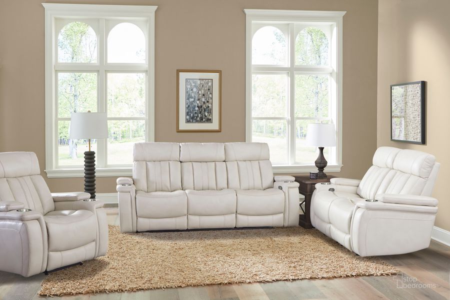 The appearance of Royce Fantom Ivory Power Reclining Living Room Set with Drop Down Console designed by Parker House in the traditional interior design. This cream piece of furniture  was selected by 1StopBedrooms from Royce Collection to add a touch of cosiness and style into your home. Sku: MROY#832PH-FNI;MROY#822PH-FNI. Material: Polyester. Product Type: Living Room Set. Image1