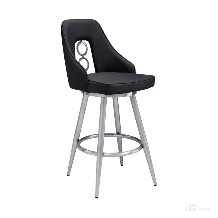 The appearance of Ruby 26 Inch Counter Height Swivel Black Faux Leather and Brushed Stainless Steel Bar Stool designed by Armen Living in the transitional interior design. This black piece of furniture  was selected by 1StopBedrooms from Ruby Collection to add a touch of cosiness and style into your home. Sku: LCRUBABSBL26. Product Type: Barstool. Material: Stainless Steel. Image1