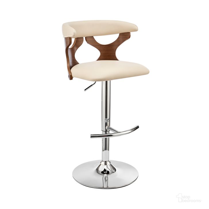 The appearance of Ruth Adjustable Swivel Cream Faux Leather and Walnut Wood Bar Stool with Chrome Base designed by Armen Living in the transitional interior design. This cream piece of furniture  was selected by 1StopBedrooms from Ruth Collection to add a touch of cosiness and style into your home. Sku: LCRTBAWACR. Product Type: Barstool. Material: Poplar. Image1