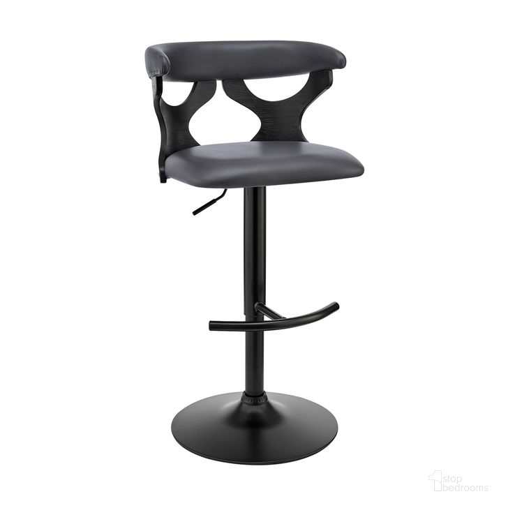 The appearance of Ruth Adjustable Swivel Gray Faux Leather and Black Wood Bar Stool with Black Base designed by Armen Living in the transitional interior design. This black piece of furniture  was selected by 1StopBedrooms from Ruth Collection to add a touch of cosiness and style into your home. Sku: LCRTBABLGR. Product Type: Barstool. Material: Poplar. Image1