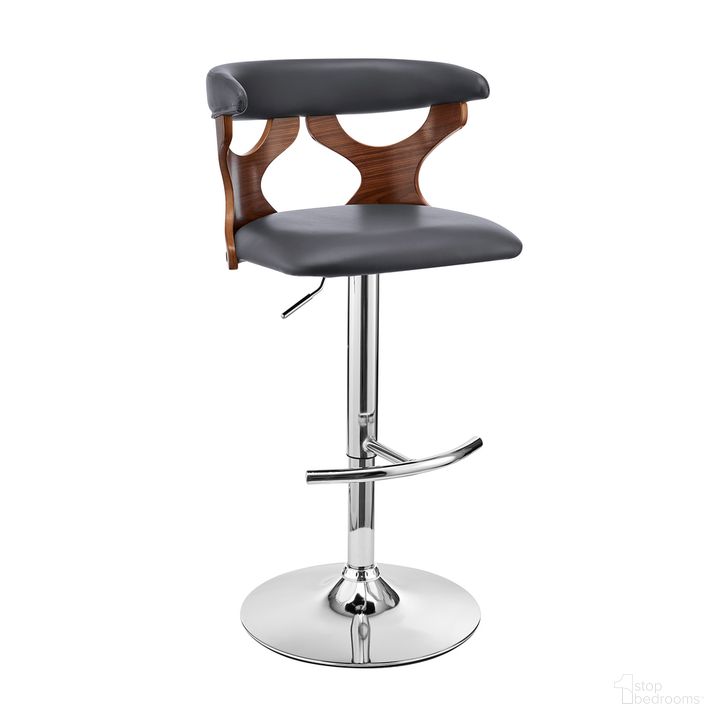 The appearance of Ruth Adjustable Swivel Gray Faux Leather and Walnut Wood Bar Stool with Chrome Base designed by Armen Living in the transitional interior design. This stainless steel piece of furniture  was selected by 1StopBedrooms from Ruth Collection to add a touch of cosiness and style into your home. Sku: LCRTBAWAGR. Product Type: Barstool. Material: Poplar. Image1