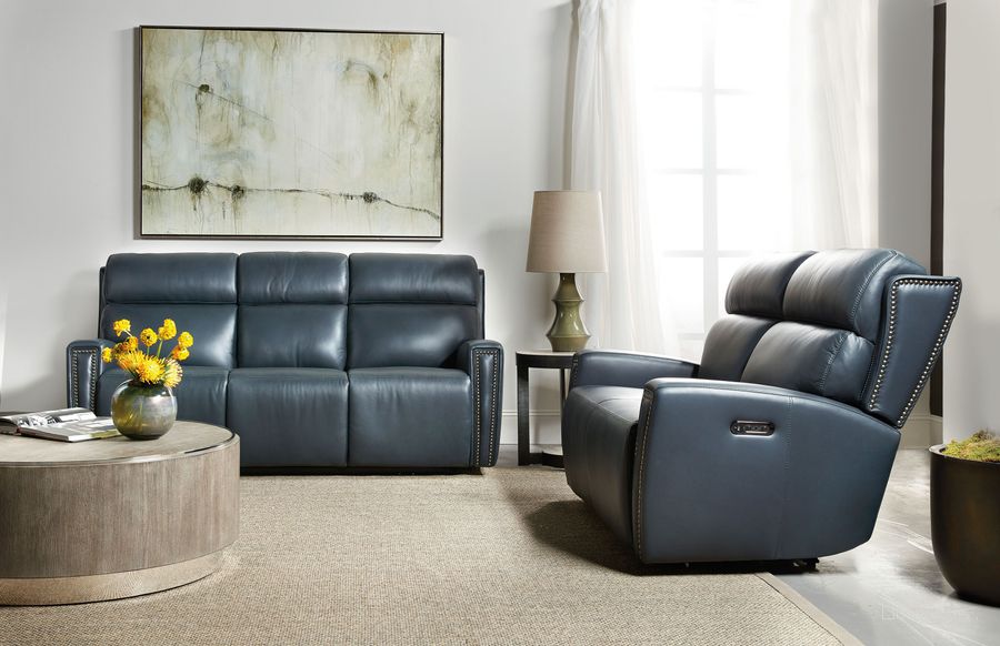 The appearance of Ruthe Salvo Denim Leather ZeroG Power Reclining Console Living Room Set With Power Headrest designed by Hooker in the transitional interior design. This blue piece of furniture  was selected by 1StopBedrooms from Ruthe Collection to add a touch of cosiness and style into your home. Sku: SS704-PHZ3C-049;SS704-PHZ2-049. Material: Leather. Product Type: Living Room Set. Image1
