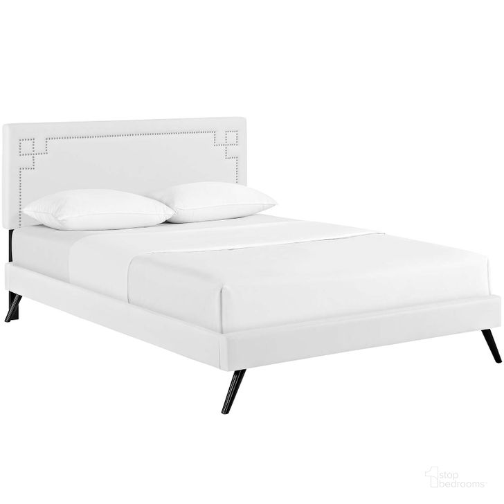 The appearance of Ruthie White Queen Vinyl Platform Bed with Round Splayed Legs designed by Modway in the modern / contemporary interior design. This white piece of furniture  was selected by 1StopBedrooms from Ruthie Collection to add a touch of cosiness and style into your home. Sku: MOD-5930-WHI. Bed Type: Platform Bed. Material: Wood. Product Type: Platform Bed. Bed Size: Queen. Image1