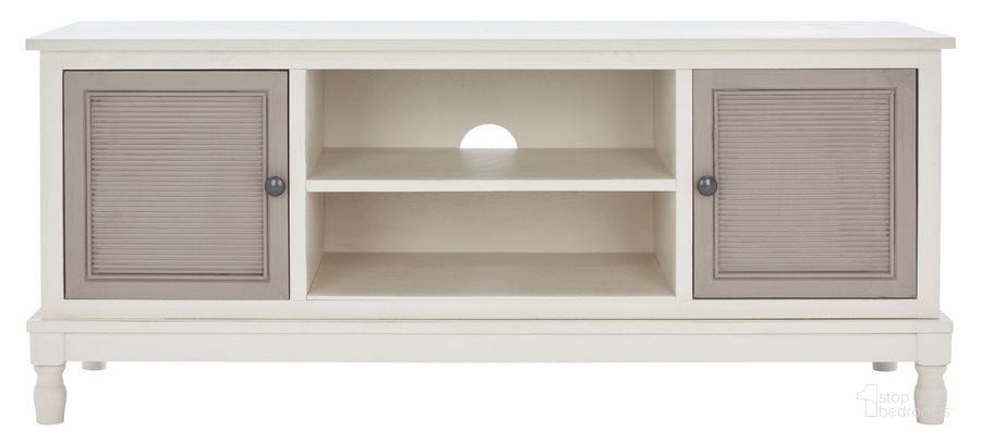 The appearance of Ryder 2 Door 1 Shelf Media Stand in Distressed White MED5707D designed by Safavieh in the modern / contemporary interior design. This off white piece of furniture  was selected by 1StopBedrooms from Ryder Collection to add a touch of cosiness and style into your home. Sku: MED5707D. Material: Wood. Product Type: Media Unit. Image1