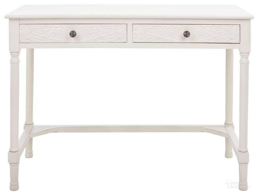 The appearance of Ryleigh 2 Drawer Desk in Distressed White designed by Safavieh in the modern / contemporary interior design. This distressed white piece of furniture  was selected by 1StopBedrooms from Ryleigh Collection to add a touch of cosiness and style into your home. Sku: DSK5706A. Material: Wood. Product Type: Desk. Image1