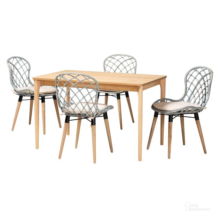 The appearance of Sabelle Rattan and Wood 5 Piece Dining Set In Light Blue and Natural Brown designed by Baxton Studio in the bohemian interior design. This light blue and brown piece of furniture  was selected by 1StopBedrooms from Sabelle Collection to add a touch of cosiness and style into your home. Sku: KYG002C-Natural Oak/Blue-5PC Dining Set. Material: Natural Rattan. Product Type: Dining Room Set. Image1