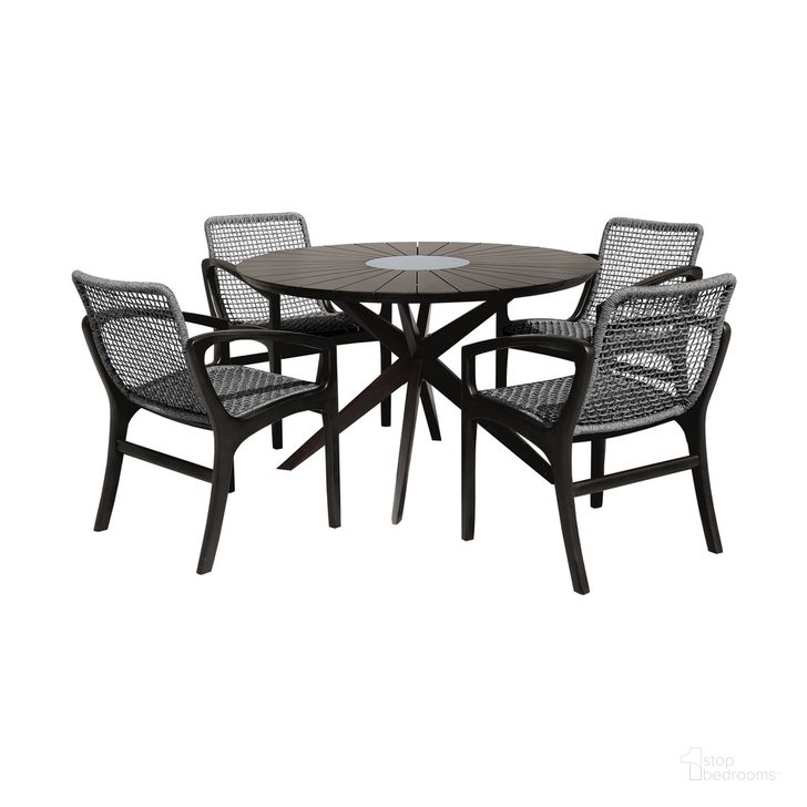 The appearance of Sachi and Brighton 5-Piece Dining Set In Dark Eucalyptus Wood with Gray Rope designed by Armen Living in the transitional interior design. This gray piece of furniture  was selected by 1StopBedrooms from Sachi and Brighton Collection to add a touch of cosiness and style into your home. Sku: 840254333369;840254332386;840254332386;840254332386;840254332386. Table Base Style: Trestle. Material: Stone. Product Type: Outdoor Dining Set. Image1