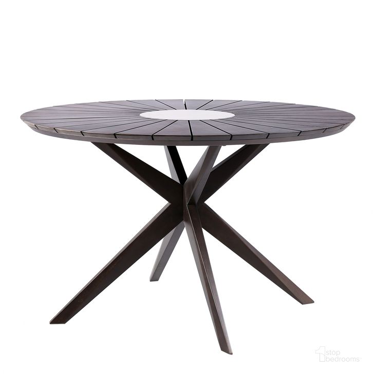 The appearance of Sachi Outdoor Dark Eucalyptus Wood and Concrete Round Dining Table designed by Armen Living in the modern / contemporary interior design. This black walnut piece of furniture  was selected by 1StopBedrooms from Sachi Collection to add a touch of cosiness and style into your home. Sku: 840254333352. Table Base Style: Pedestal. Table Top Shape: Round. Material: Stone. Product Type: Outdoor Dining Table. Size: 48". Image1