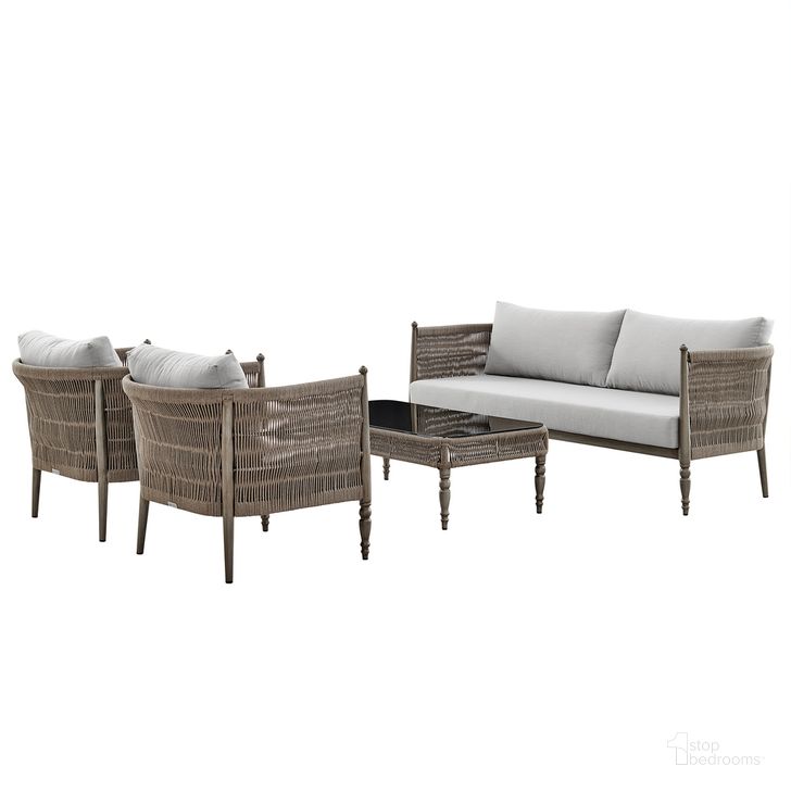 The appearance of Safari 4-Piece Outdoor Aluminum and Rope Seating Set with Gray Cushions designed by Armen Living in the modern / contemporary interior design. This gray piece of furniture  was selected by 1StopBedrooms from Safari Collection to add a touch of cosiness and style into your home. Sku: SETODSABRBX1;SETODSABRBX2;SETODSABRBX3;SETODSABRBX4. Material: Polyester. Product Type: Outdoor Conversation Set. Image1