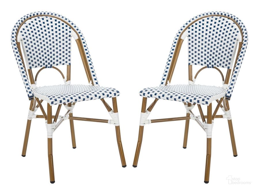 The appearance of Salcha Blue, White and Brown Indoor/Outdoor Bistro Stacking Side Chair Set of 2 designed by Safavieh in the country / farmhouse interior design. This brown and blue piece of furniture  was selected by 1StopBedrooms from Salcha Collection to add a touch of cosiness and style into your home. Sku: FOX5210A-SET2. Product Type: Side Chair. Material: Aluminium. Image1