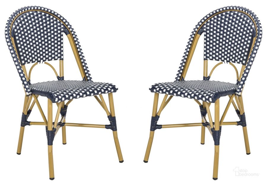 The appearance of Salcha Navy, White and Light Brown Indoor/Outdoor French Bistro Stacking Side Chair Set of 2 designed by Safavieh in the country / farmhouse interior design. This navy piece of furniture  was selected by 1StopBedrooms from Salcha Collection to add a touch of cosiness and style into your home. Sku: FOX5210F-SET2. Material: Aluminum. Product Type: Side Chair. Image1