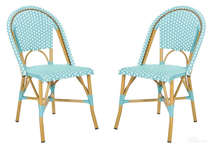 The appearance of Salcha Teal, White and Light Brown Indoor/Outdoor French Bistro Stacking Side Chair Set of 2 designed by Safavieh in the country / farmhouse interior design. This teal and beige piece of furniture  was selected by 1StopBedrooms from Salcha Collection to add a touch of cosiness and style into your home. Sku: FOX5210J-SET2. Material: Aluminum. Product Type: Side Chair. Image1