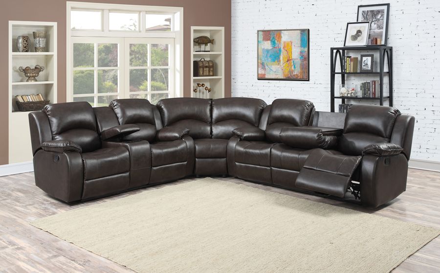 The appearance of Samara Modern Upholstered 3 Piece Sectional with Storage Console and Cup Holders In Dark Brown designed by AC Pacific in the modern / contemporary interior design. This dark brown piece of furniture  was selected by 1StopBedrooms from Samara Collection to add a touch of cosiness and style into your home. Sku: SAMARA-3PC-SECTIONAL. Material: Leather. Product Type: Sectional. Image1